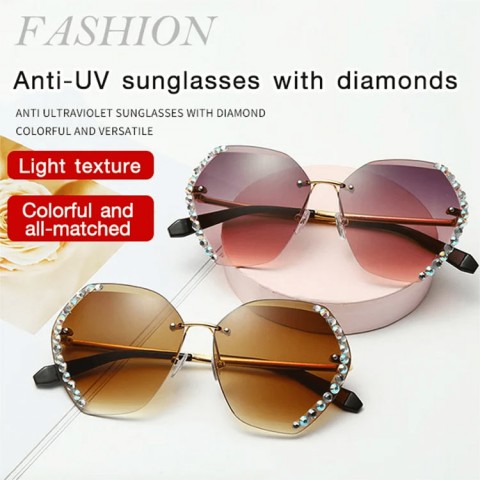 Rimless Diamond-Studded Polygonal Gradient Color Sunglasses